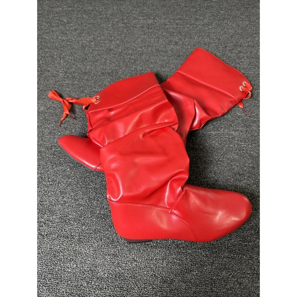 Women's Pull On Knee High Boots RED Shiny Faux Leather w/Decorative Ties 39 1109